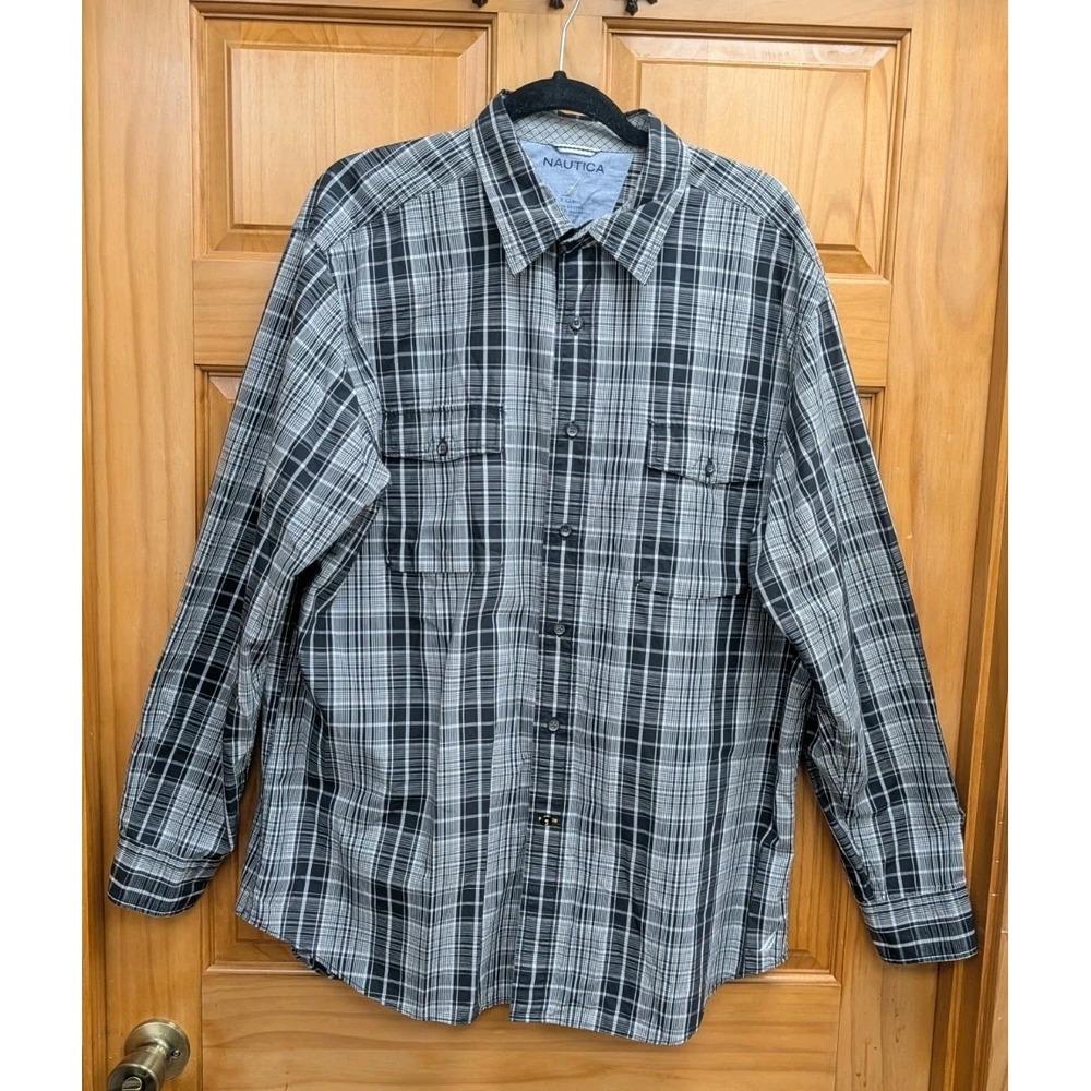 Nautica Men's Shirts XL Black White Plaid Long Sleeves Extra Buttons RN 678351